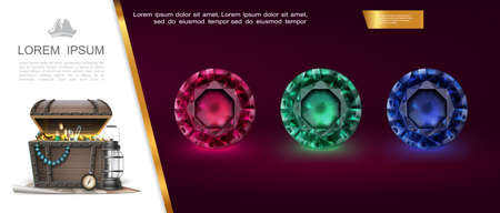 Realistic sea treasures concept with colorful precious stones lantern navigational compass chest full of gold coins and jewels standing on pirate map vector illustrationのイラスト素材