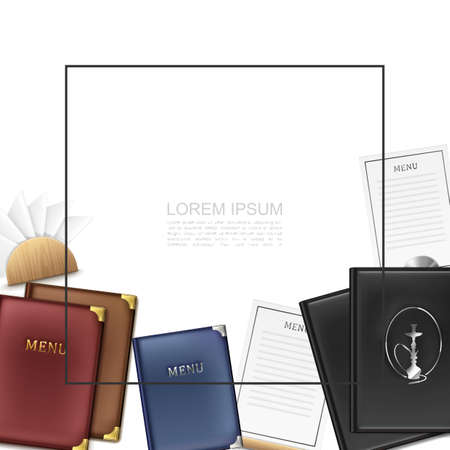 Realistic cafe menu template with frame for text colorful menu cards holders and napkins vector illustrationのイラスト素材