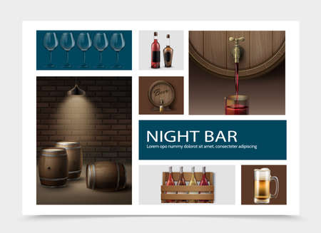 Realistic night bar elements composition with wineglasses bottles in box mug of frosty drink wooden barrels of wine and beer vector illustrationのイラスト素材