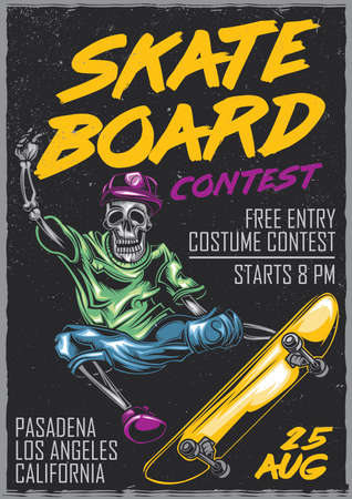 T-shirt or poster design with illustration of skeleton on skate boardのイラスト素材