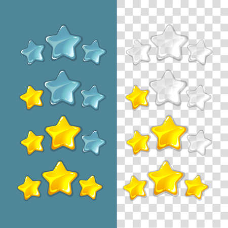Ranking stars. Vector game elements in cartoon style. Rating star,  game star ranking gold, star success ranking, best ranking star interface illustrationのイラスト素材