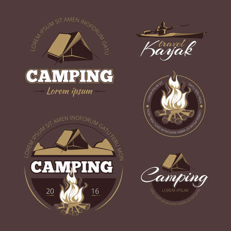 Vintage outdoor adventure and camping vector color labels set.  Label outdoor camping, vintage camping, badge adventure camping illustrationのイラスト素材