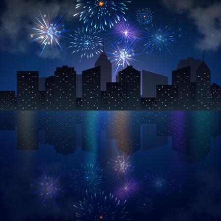 Night city skyline with river and fireworks. Vector holiday festive backgroundのイラスト素材