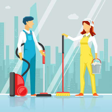 Cleaning staff with cleaning equipment. Profession staff cleaning, woman and man cleaning window, vector illustrationのイラスト素材