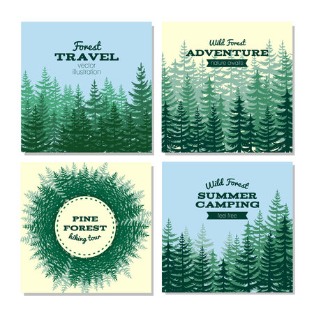 Lumber style poster cards. Nature wild pine forest posters. Banner with green wood. Vector illustrationのイラスト素材