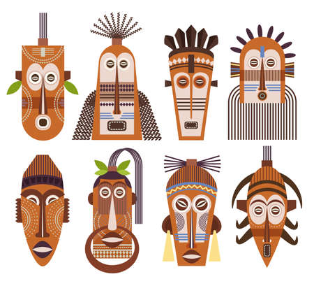 Tribal mas icons. African ethnic tribal masks signs vectorのイラスト素材