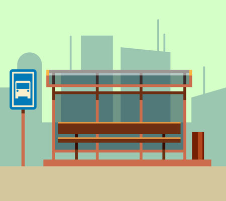 Bus stop in city landscape. City landscape station bus, stop station, public stop station transport. Vector flat illustrationのイラスト素材
