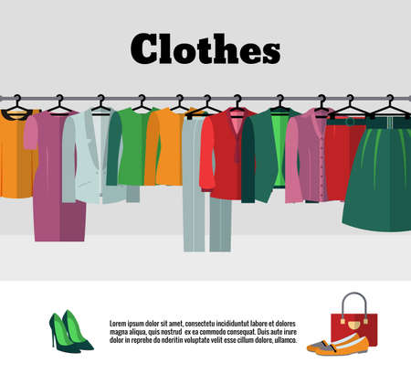 Clothes on hangers vector illustration. Fashion clothe store or shop. Clothes textile on hanger collection in wardrobeのイラスト素材