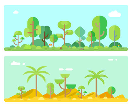 Forest view in flat style. Vector grass and bushes, trees landscape. Forest nature with bush and tree, landscape forest green wood illustrationのイラスト素材