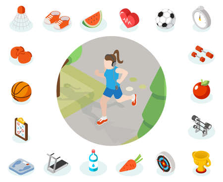 Isometric healthy lifestyle vector concept. Healthy and sport icon, illustration woman healthy lifestyleのイラスト素材