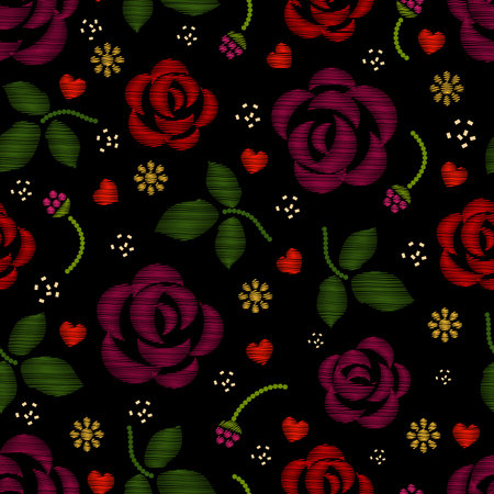 Embroidery pattern with roses flowers. Floral embroidery background and pattern embroidery with rose. Vector illustrationのイラスト素材