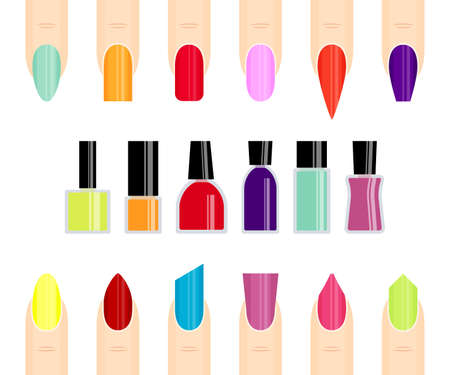 Nail polish and fingernails of different colors. Type of woman finger nail with color manicure, fingernail paint color varnish. vector illustrationのイラスト素材
