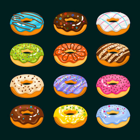 Donut cake cartoon icons. Chocolate assorted donuts vector illustration. Breakfast doughnut tasty, fresh yummy donutのイラスト素材