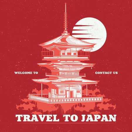 T-shirt label design with illustration of japanese templeのイラスト素材
