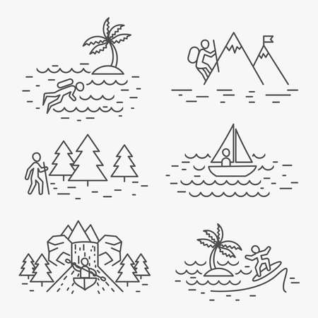 Travel activities line icons or outdoor activities linear signs vector. Travel outdoor icon and activity adventure travel in mountain or forest illustrationのイラスト素材