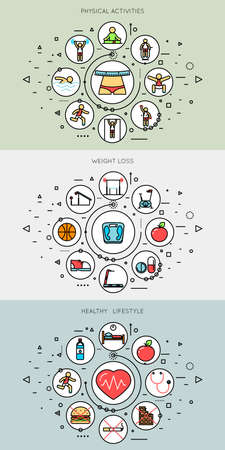 Healthy lifestyle and fitness thin line banners vector. Lifestyle fitness banner and healthy food diet and care to healthy. Vector illustrationのイラスト素材