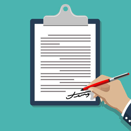 Hand signing document. Man writing on paper contract documents vector illustration. Write signature...