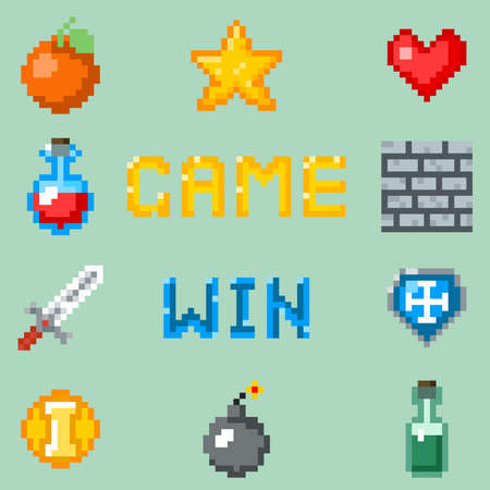 Pixel games icons for web, app or video game interface. Object for game heart bottle and fruit, set of gaming pixel objects. Vector illustrationのイラスト素材