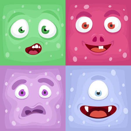 Square monster faces icons. Bizarre face emotional and collection impress emotion face of monster, vector illustrationのイラスト素材
