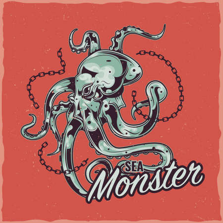 T-shirt label design with illustration of octopusのイラスト素材