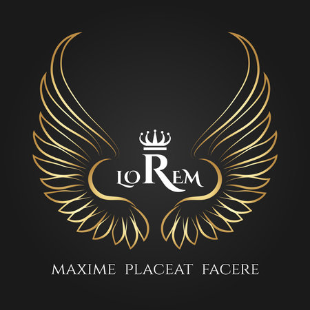 Gold bird wings vector logo. Vector golden angel winged business label. Wings angels with crown for business advertising illustrationのイラスト素材