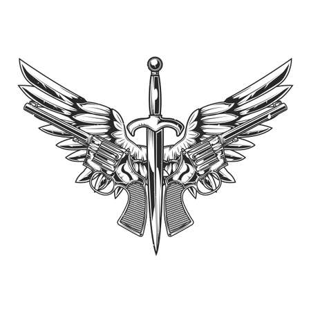 Emblem design with illustration of two pistols, knife and wingsのイラスト素材