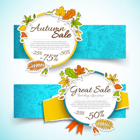 Two multicolored horizontal autumn and sale banner set with text in big rounds vector illustrationのイラスト素材