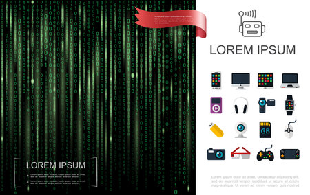 Realistic tech colorful template with green binary code background modern devices and gadgets vector illustrationのイラスト素材