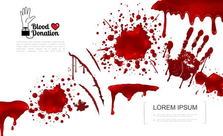 Realistic bloody elements template with blood splashes splatters blots spots drips and handprint vector illustrationのイラスト素材