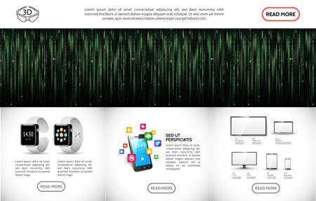 Realistic modern technologic template with binary code background smartwatches TV screen laptop monitor phone tablet and mobile applications icons vector illustrationのイラスト素材