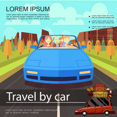 Summer vacation colorful template with happy family traveling by car in flat style vector illustrationのイラスト素材