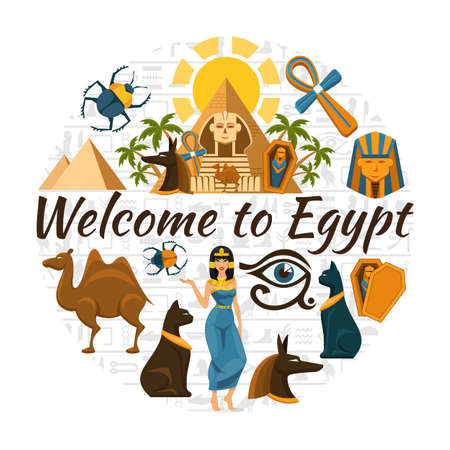 Flat Egypt travel round concept with colorful traditional egyptian symbols and elements isolated vector illustrationのイラスト素材