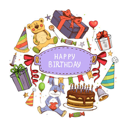 Hand drawn birthday elements round concept with gifts presents cake candies candles party hats garland balloons bell bear and rabbit toys vector illustrationのイラスト素材