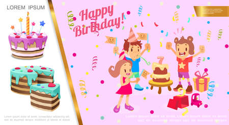 Flat birthday party concept with kids celebrating birthday confetti gift boxes cakes vector illustrationのイラスト素材