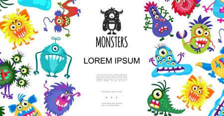 Funny cute colorful monsters concept in cartoon style on white background vector illustration
