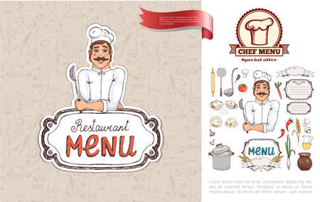 Hand drawn Russian cuisine restaurant concept with chef holding strainer vegetables kitchenware juice mushrooms bowl of soup dumplings vector illustrationのイラスト素材