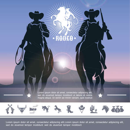 Vintage cowboy rodeo concept with jockeys riding horses and wild west icons vector illustrationのイラスト素材