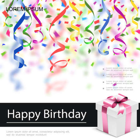 Realistic happy birthday poster with present box colorful ribbons and confetti on blurred background vector illustrationのイラスト素材