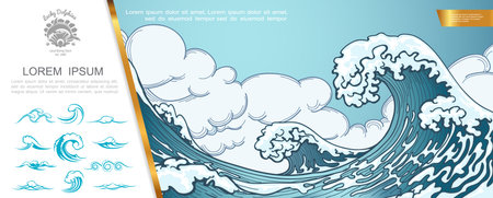 Hand drawn marine concept with big sea storm and tsunami waves vector illustrationのイラスト素材