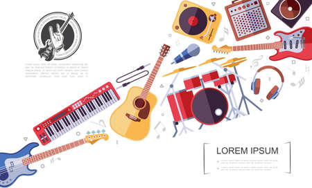 Flat rock musical instruments colorful concept with electric and acoustic guitars drum kit synthesizer headphones microphone vinyl player audio speaker vector illustrationのイラスト素材