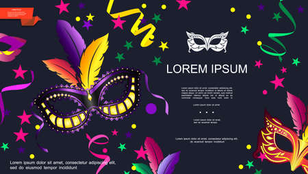 Cartoon carnival festive template with masquerade masks colorful ribbons stars on dark background vector illustrationのイラスト素材