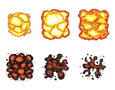 Video game explosion animation in pixel art. Explosion animation frames. Pixel explosion, bomb boom art pixel, flame animation pixel art. Vector illustrationのイラスト素材