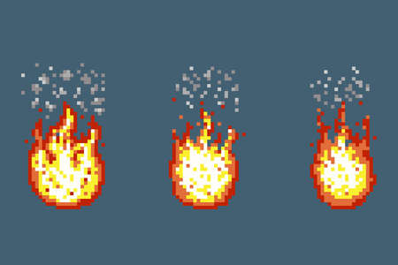 Flame with smoke animation frames in pixel art style. Smoke and flame pixel, game fire and smoke, retro graphic fire smoke animation. Vector illustrationのイラスト素材