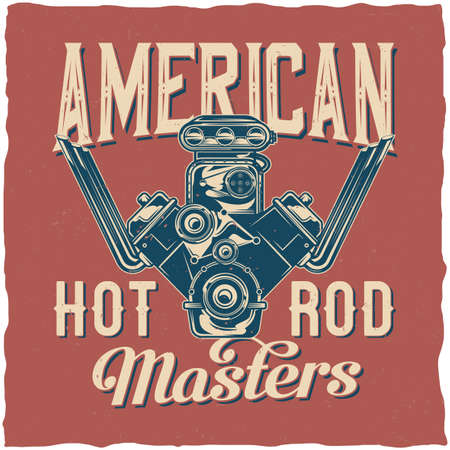 Hot Rod theme t-shirt label design with illustration of powerful engineのイラスト素材