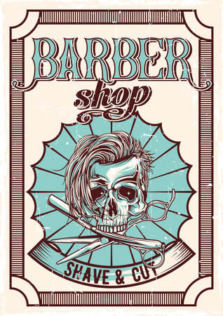 Barbershop theme vintage poster design with illustration of hairy skull, razor and scissorsのイラスト素材
