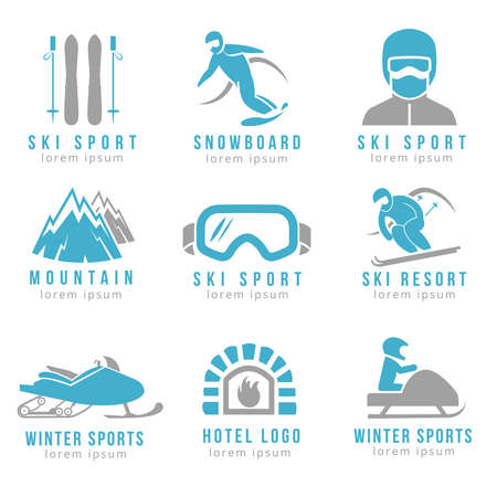 Ski resort and mountain hotel   set with skiing and snowboarding. Set     for hotel and ski resorts illustrationのイラスト素材