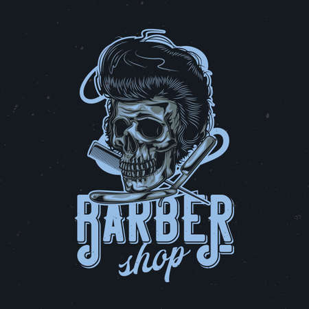 T-shirt or poster design with illustration of hairy skull, razor and combのイラスト素材