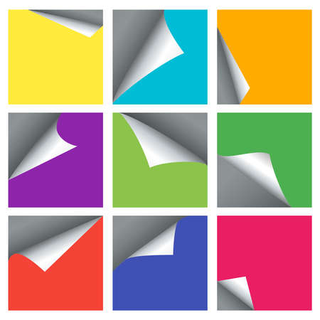 Empty page curled corners vector backgrounds for 3d banners. Set of colored paper sheet with bent corner illustrationのイラスト素材