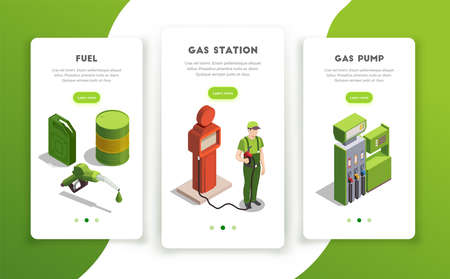 Gas station isometric set of vertical banners with page switch buttons editable text and colourful images vector illustrationのイラスト素材