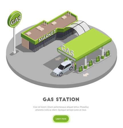 Gas station isometric background concept with gas filling station building images learn more button and text vector illustrationのイラスト素材